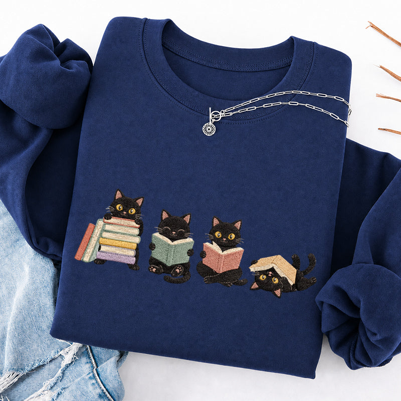 Embroidered Cat Reading Classic Crewneck Sweatshirt