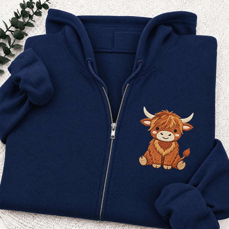 Embroidered Highland Cow Classic Full Zip Hoodie