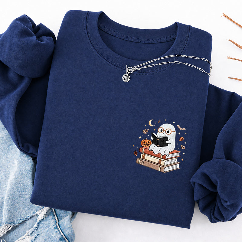 Embroidered Ghost Reading Books Classic Crewneck Sweatshirt