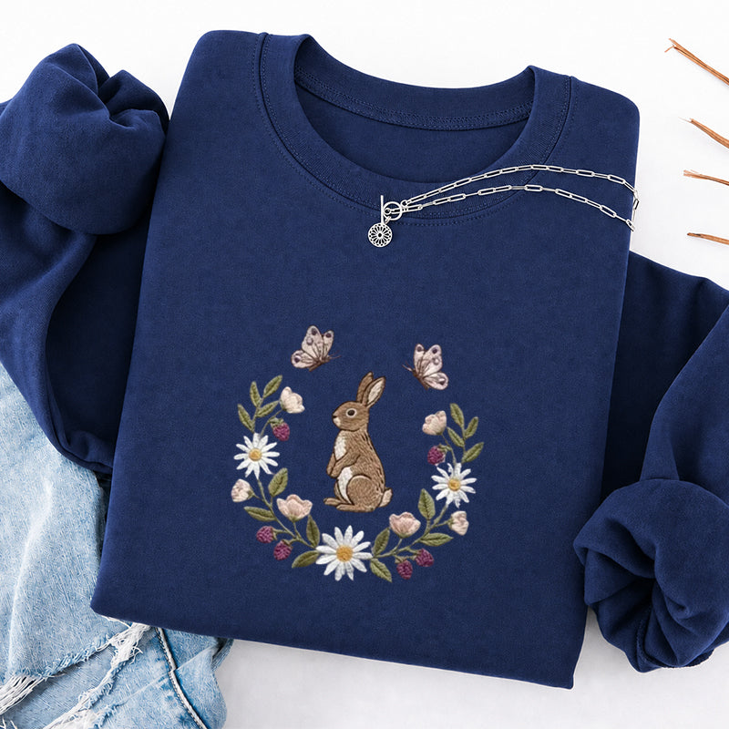 Embroidered Bunny Flower Classic Crewneck Sweatshirt