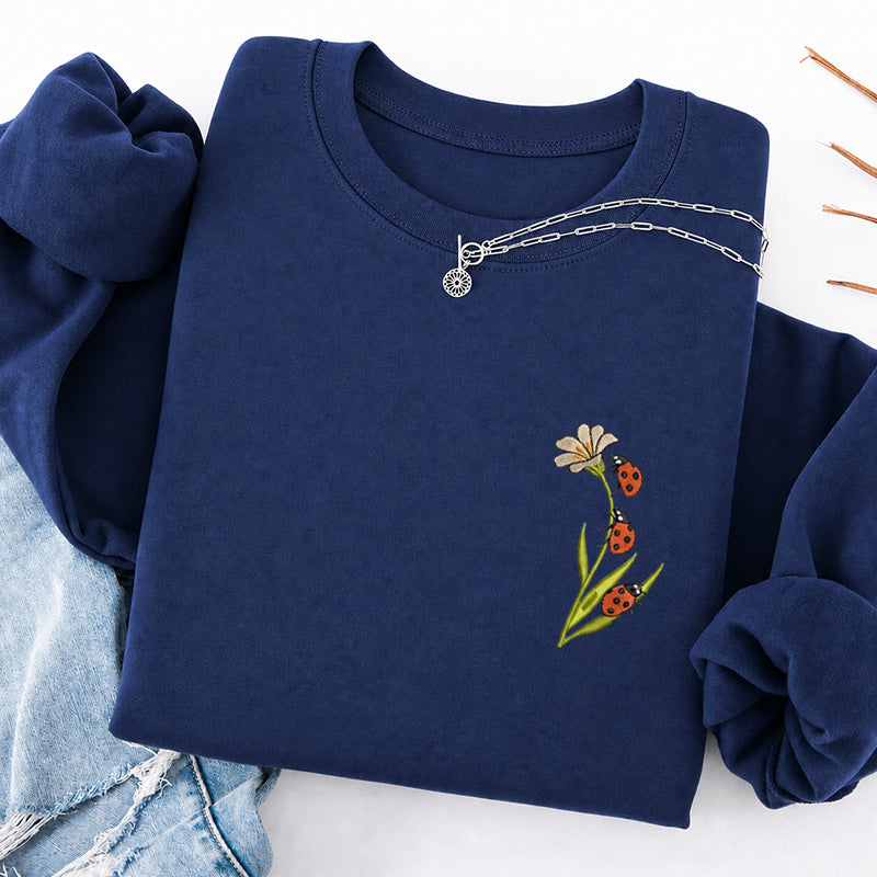 Embroidered Ladybug & Daisy Classic Crewneck Sweatshirt