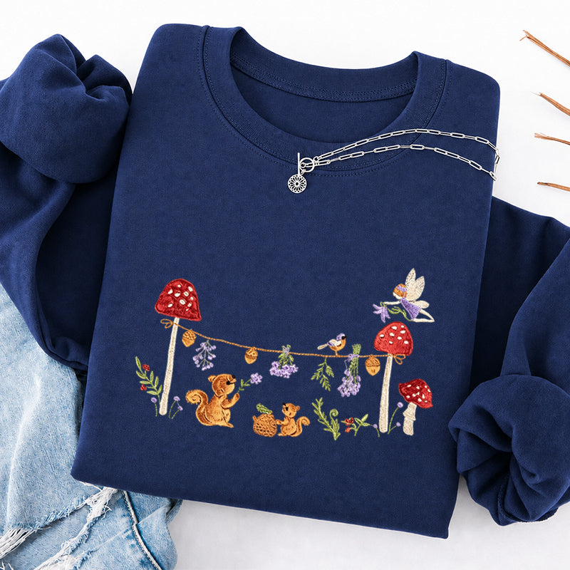 Embroidered Squirrel Woodland Fairy Tale Classic Crewneck Sweatshirt