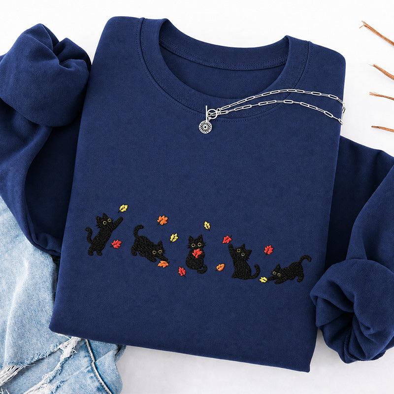 Embroidered Autumn Leaves Black Cats Classic Crewneck Sweatshirt