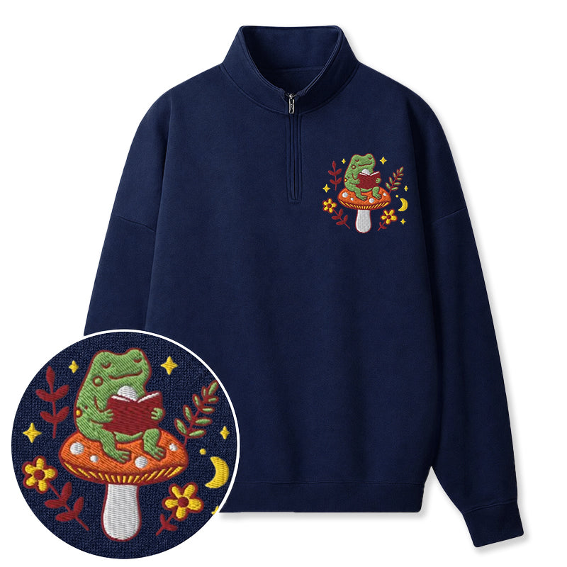 Embroidered Bookish Frog Classic Quarter Zip Sweatshirt