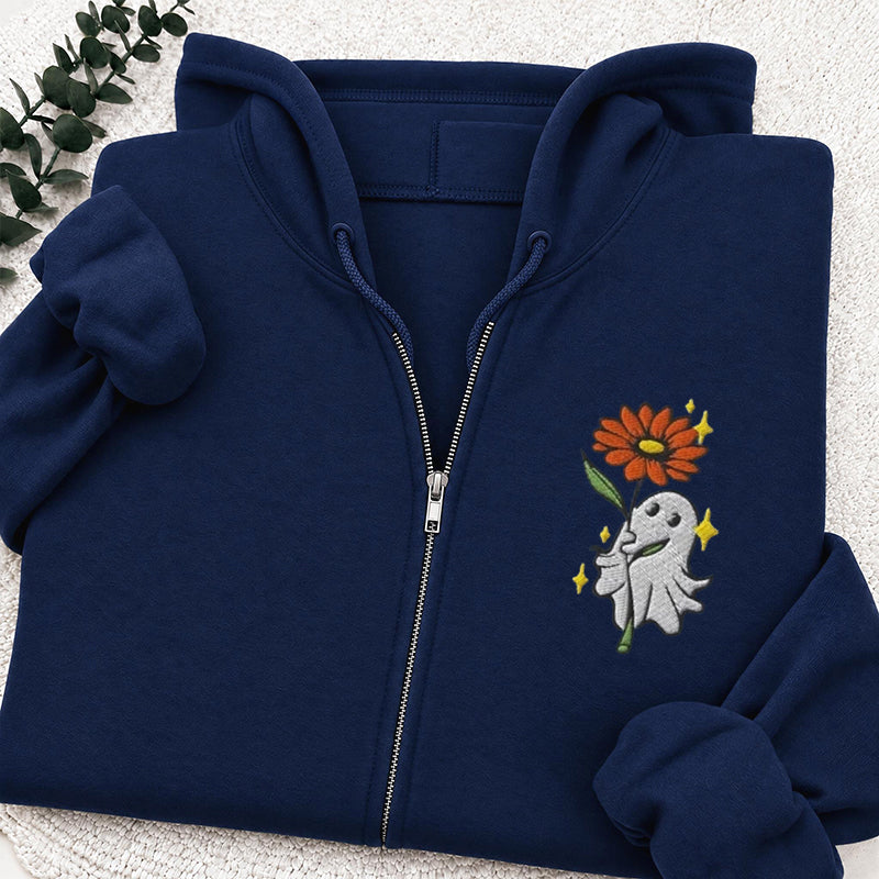 Embroidered Ghost Holding a Flower Classic Adult Unisex Full Zip Hoodie