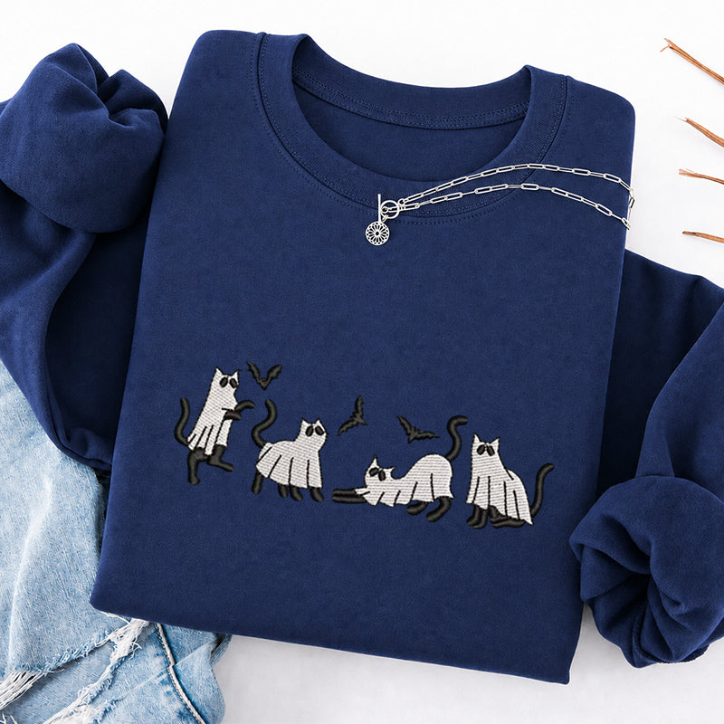 Embroidered Funny Cat Ghosts Classic Crewneck Sweatshirt
