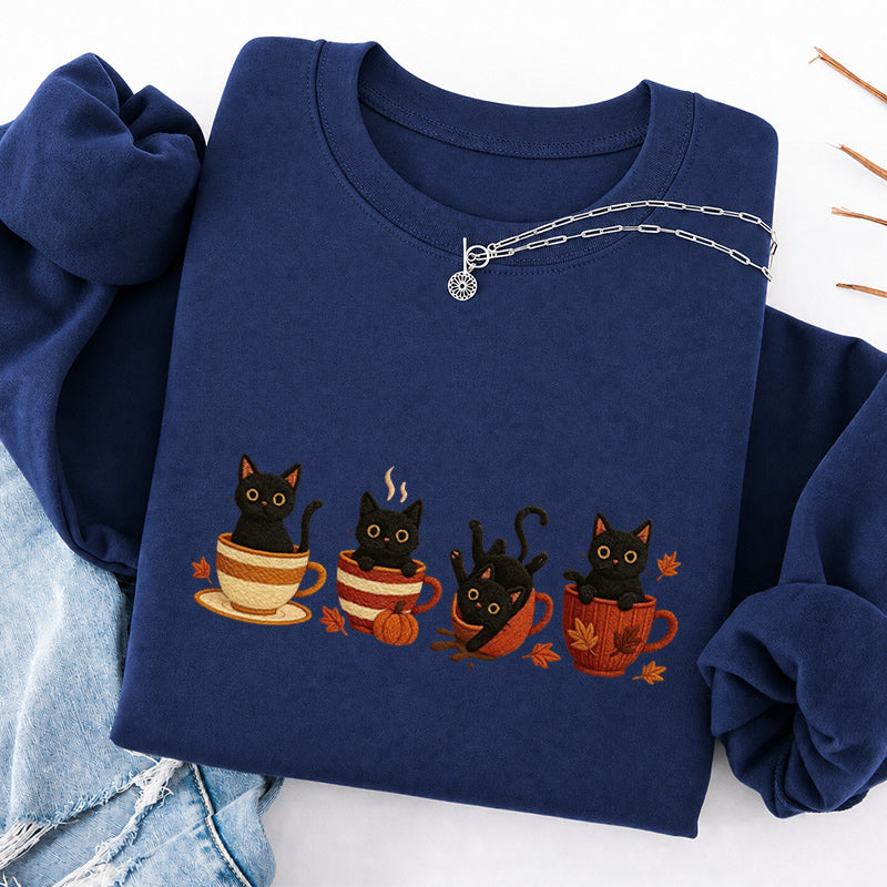 Embroidered Black Cat Coffee Classic Crewneck Sweatshirt