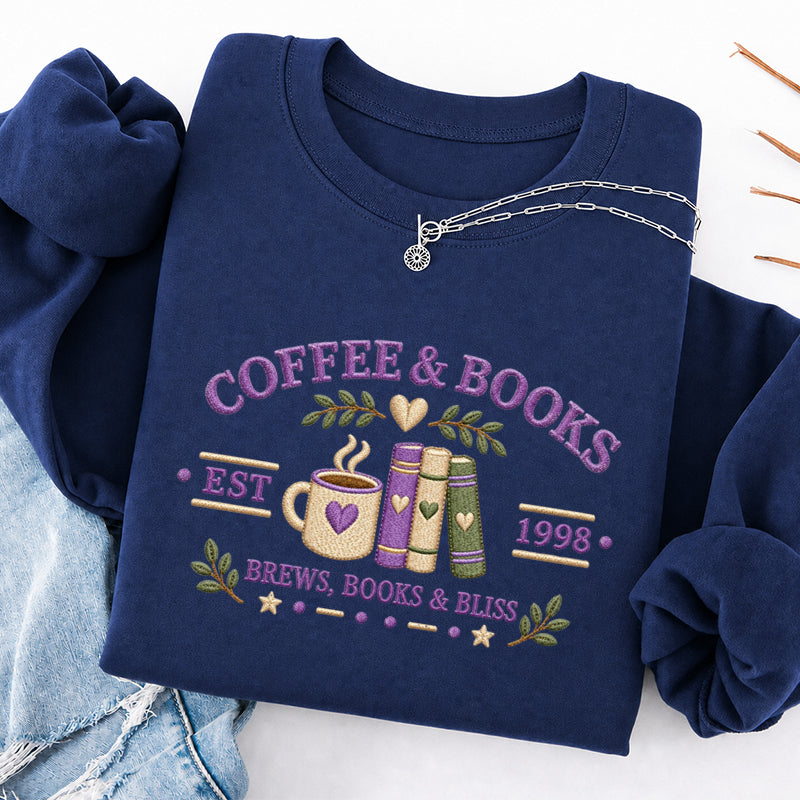 Embroidered Coffee And Books Classic Crewneck Sweatshirt