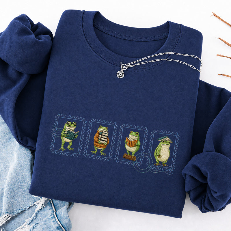 Embroidered Bookish Frog Stamp Classic Crewneck Sweatshirt