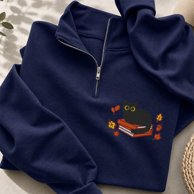 Embroidered Autumn Black Cat Book Classic Quarter Zip Sweatshirt