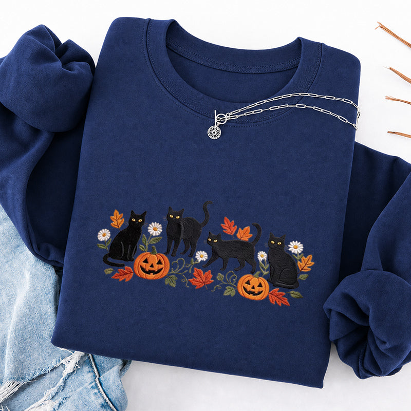 Embroidered Halloween Black Cat Pumpkins Classic Crewneck Sweatshirt