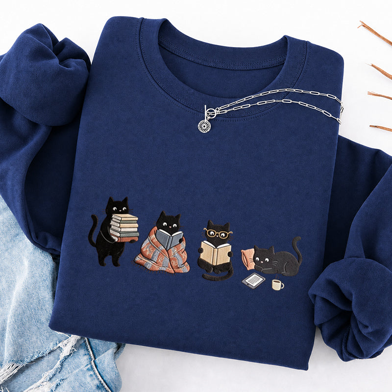 Embroidered Bookish Black Cats Classic Crewneck Sweatshirt