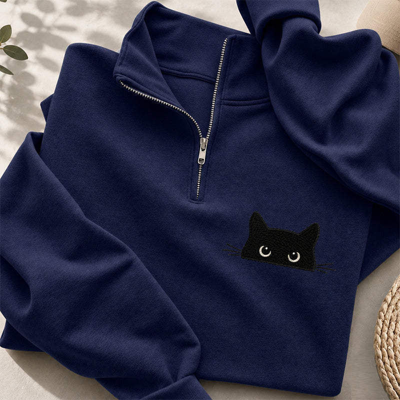 Embroidered Peeking Black Cat Classic Quarter Zip Sweatshirt