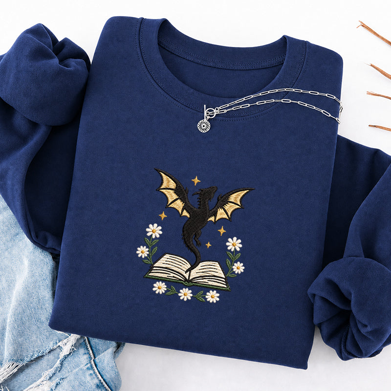 Embroidered Dragon Floral Book Classic Crewneck Sweatshirt