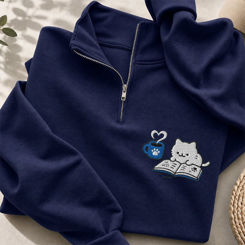 Embroidered Reading Kitten Classic Quarter Zip Sweatshirt