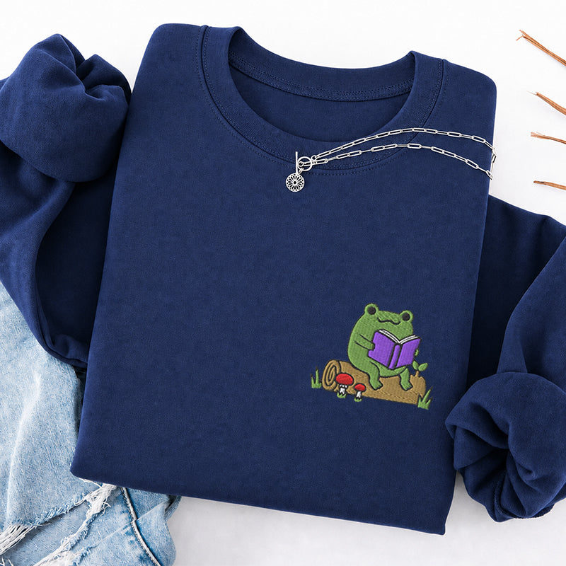 Embroidered Cute Reading Frog Classic Crewneck Sweatshirt