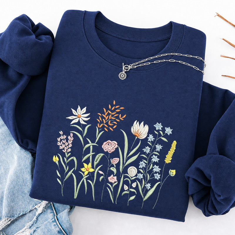 Embroidered Cute Wildflowers Classic Crewneck Sweatshirt