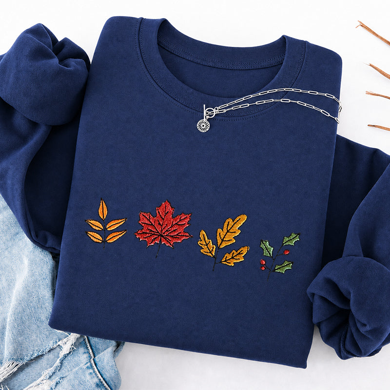 Embroidered Colorful Fall Leaves Classic Crewneck Sweatshirt