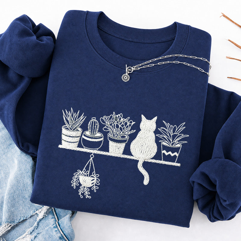 Embroidered Cats And Plants Classic Crewneck Sweatshirt