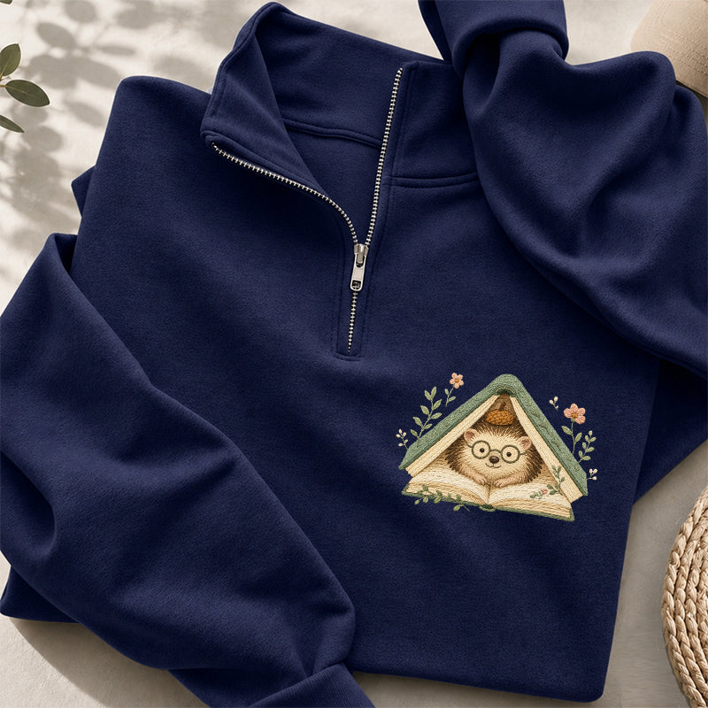 Embroidered Reading Hedgehog Classic Quarter Zip Sweatshirt