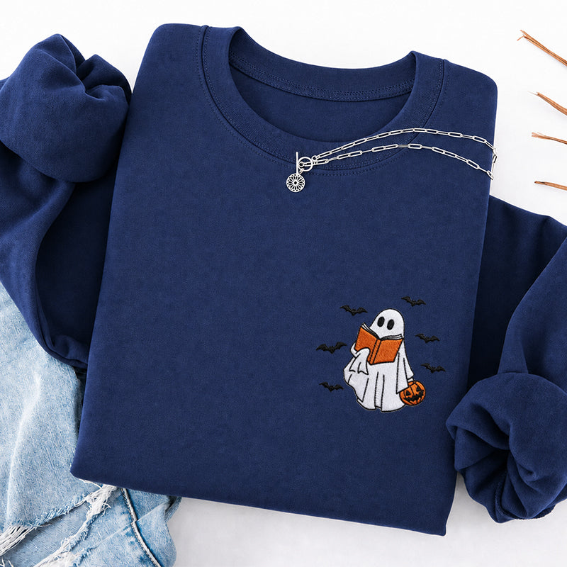 Embroidered Halloween Reading Ghost Classic Crewneck Sweatshirt