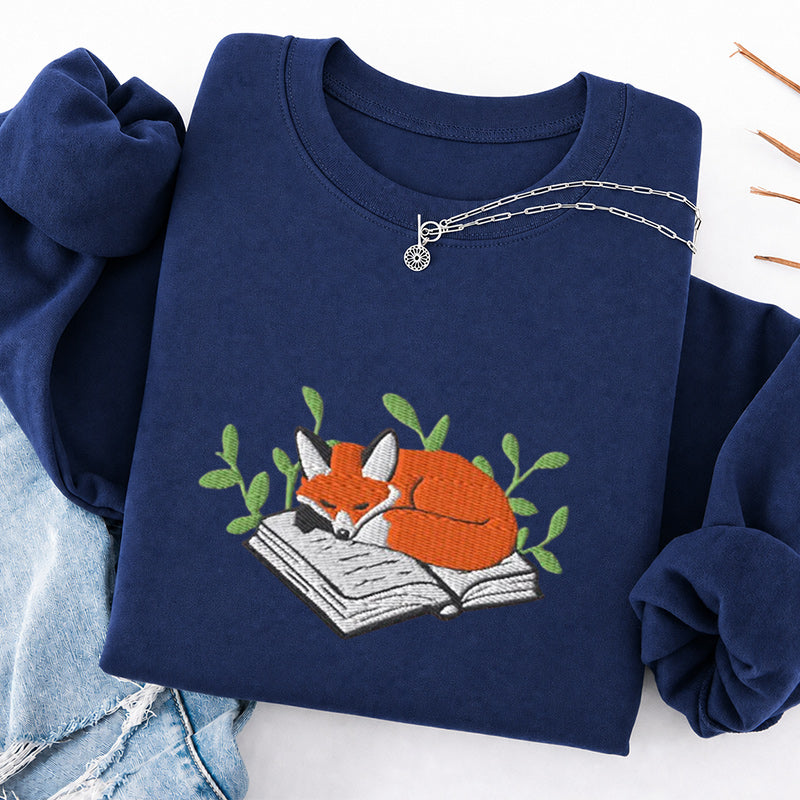 Embroidered Sleeping Fox On The Book Classic Crewneck Sweatshirt