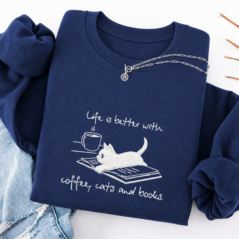 Embroidered Life Is Better With Coffee Book Cat Classic Crewneck Sweatshirt