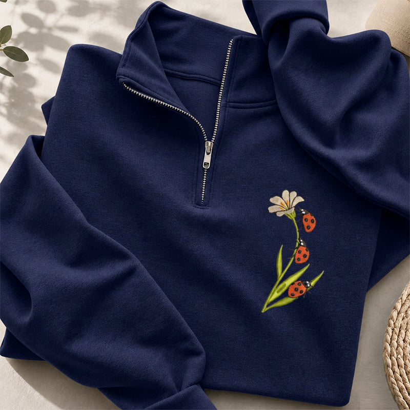 Embroidered Ladybug & Daisy Classic Quarter Zip Sweatshirt