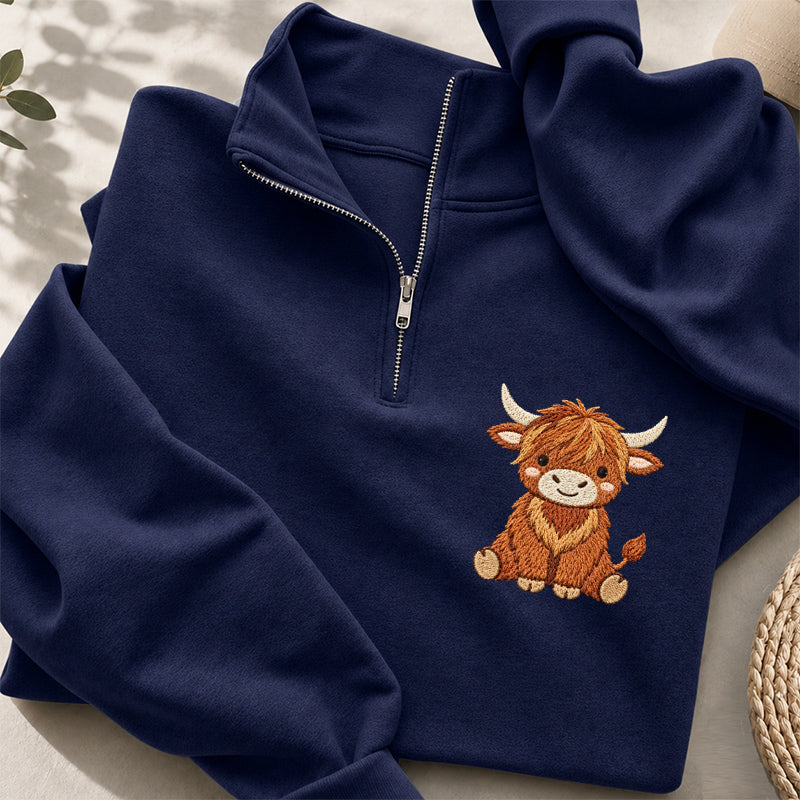 Embroidered Highland Cow Classic Quarter Zip Sweatshirt