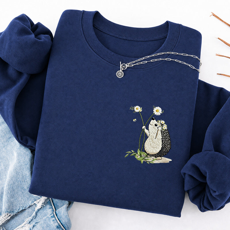 Embroidered Hedgehog Daisy Classic Crewneck Sweatshirt