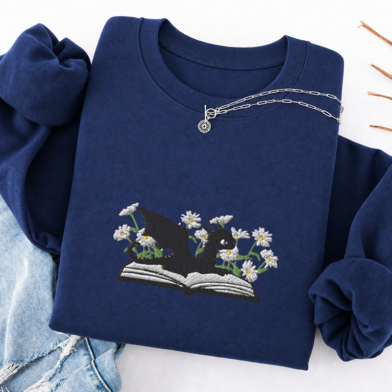 Embroidered Floral Dragon Book Classic Crewneck Sweatshirt