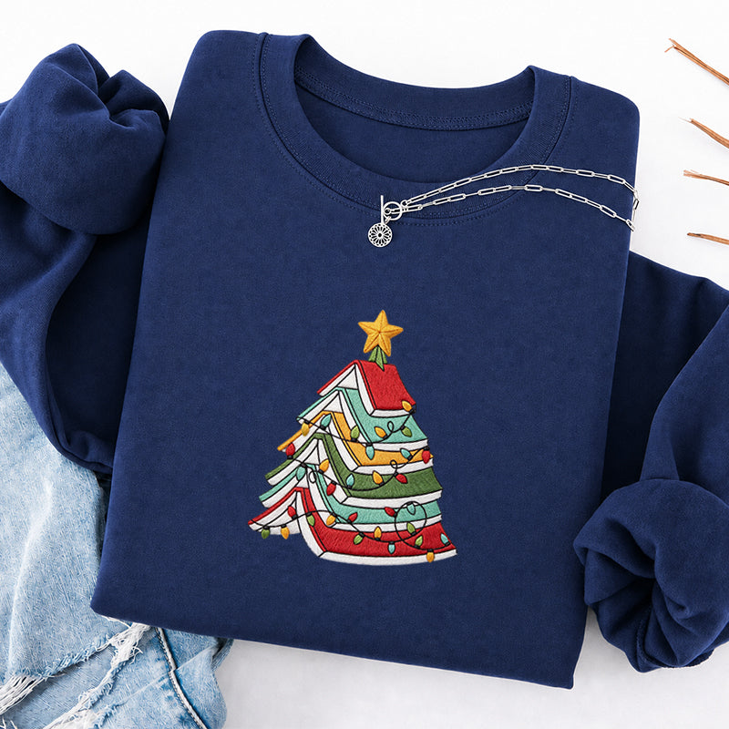 Embroidered Book Christmas Tree Classic Crewneck Sweatshirt