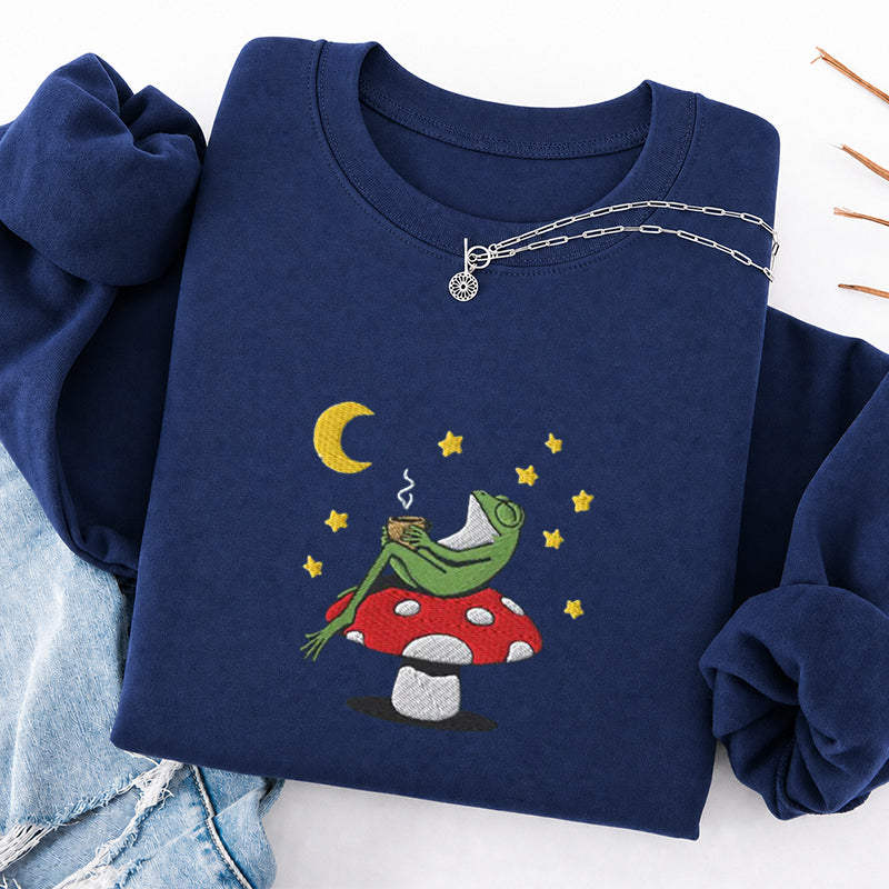 Embroidered Frog Night With Coffee Classic Crewneck Sweatshirt