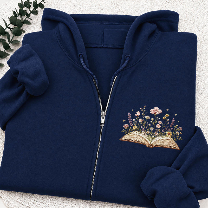 Embroidered Floral Book Adult Unisex Full Zip Hoodie