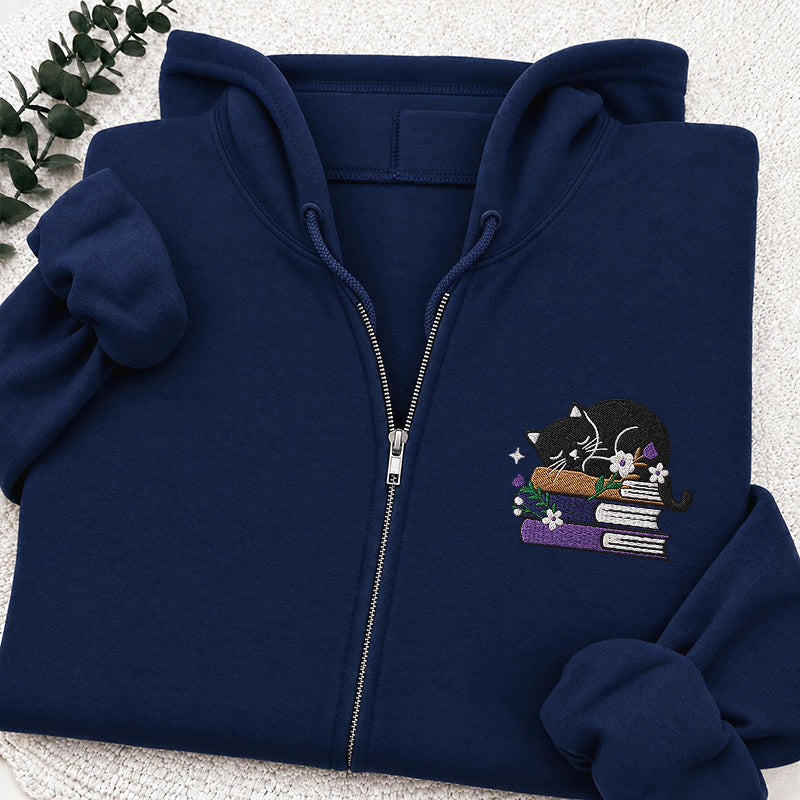 Embroidered Cat Book Classic Full Zip Hoodie