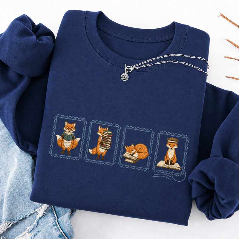 Embroidered Bookish Fox Stamp Classic Crewneck Sweatshirt