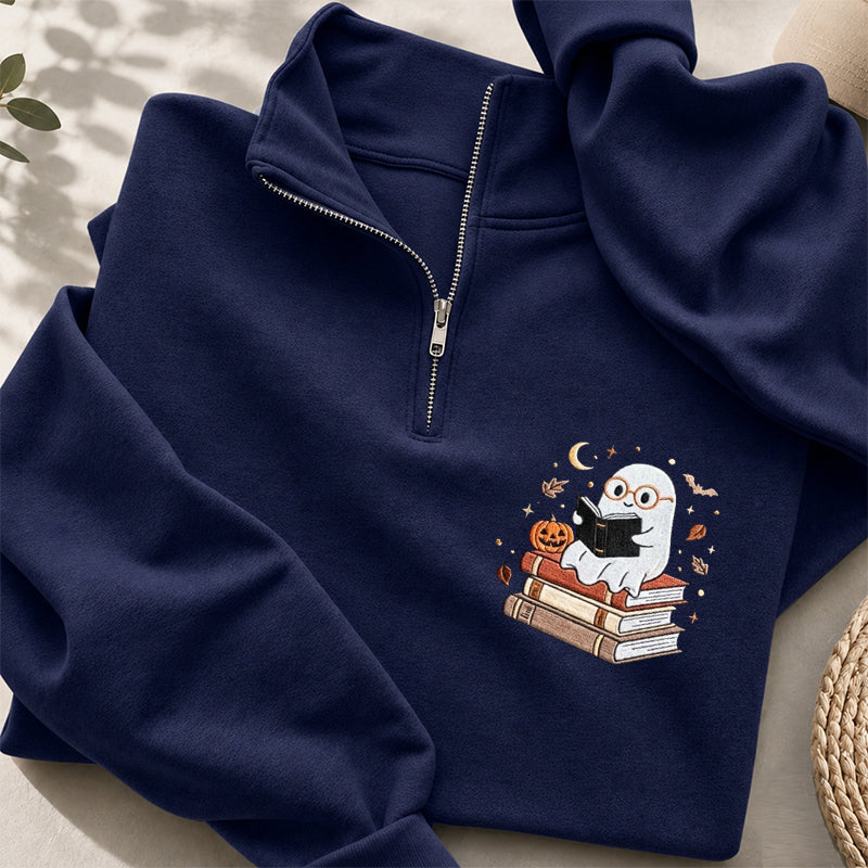 Embroidered Bookish Ghost Classic Quarter Zip Sweatshirt