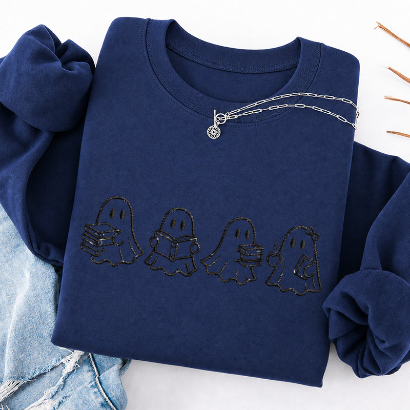 Embroidered Ghost Reading Books Classic Crewneck Sweatshirt