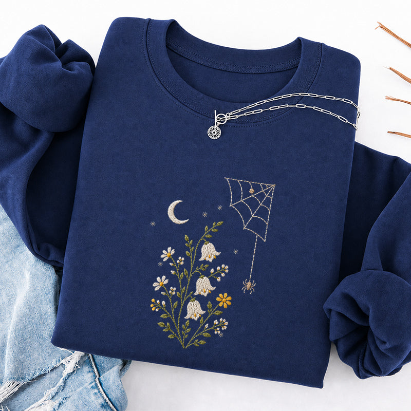 Embroidered Floral Spider Web Classic Crewneck Sweatshirt