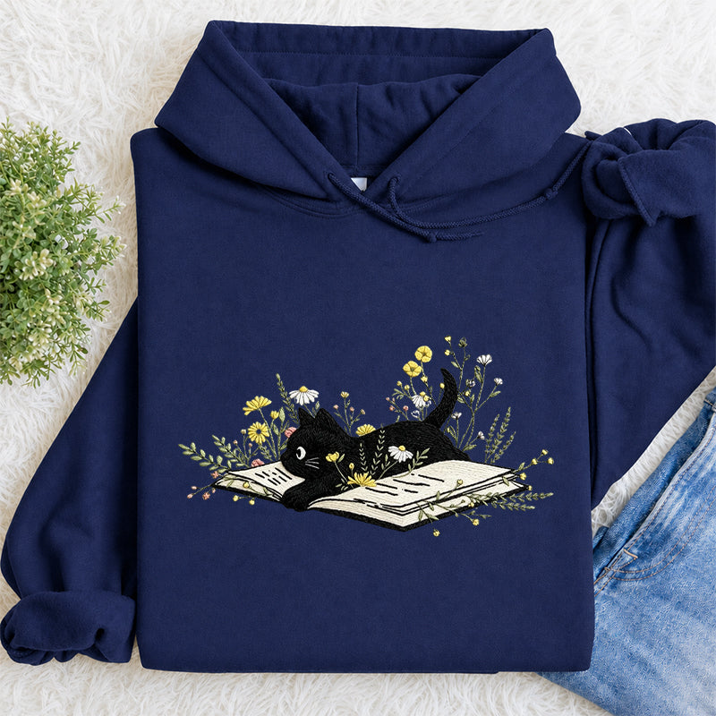 Embroidered Floral Book Cat Classic Adult Unisex Hoodie