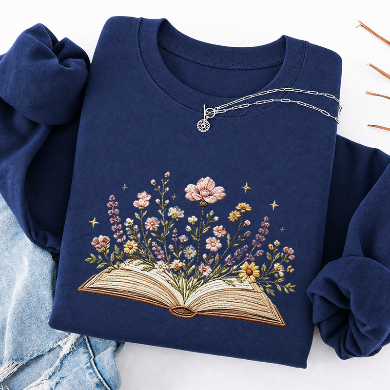 Embroidered Floral Book Classic Crewneck Sweatshirt