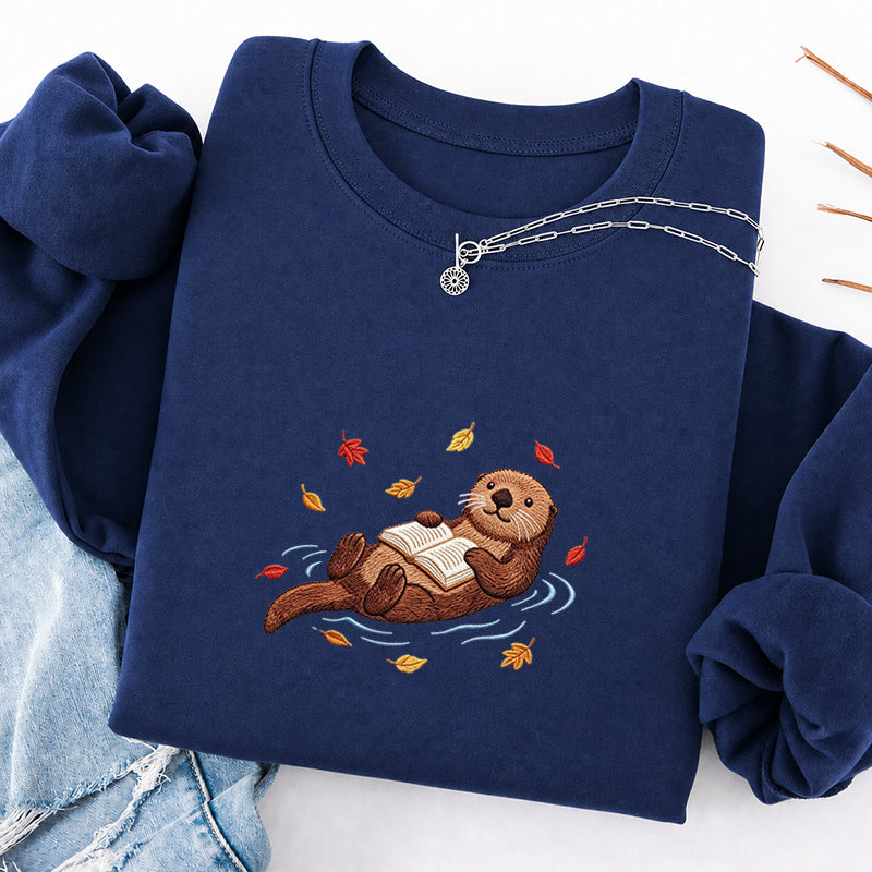 Embroidered Otter Reading Book Classic Crewneck Sweatshirt