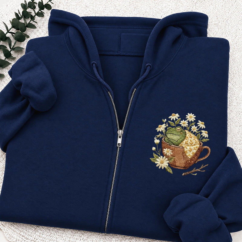 Embroidered Frog in Teacup Classic Adult Unisex Full Zip Hoodie