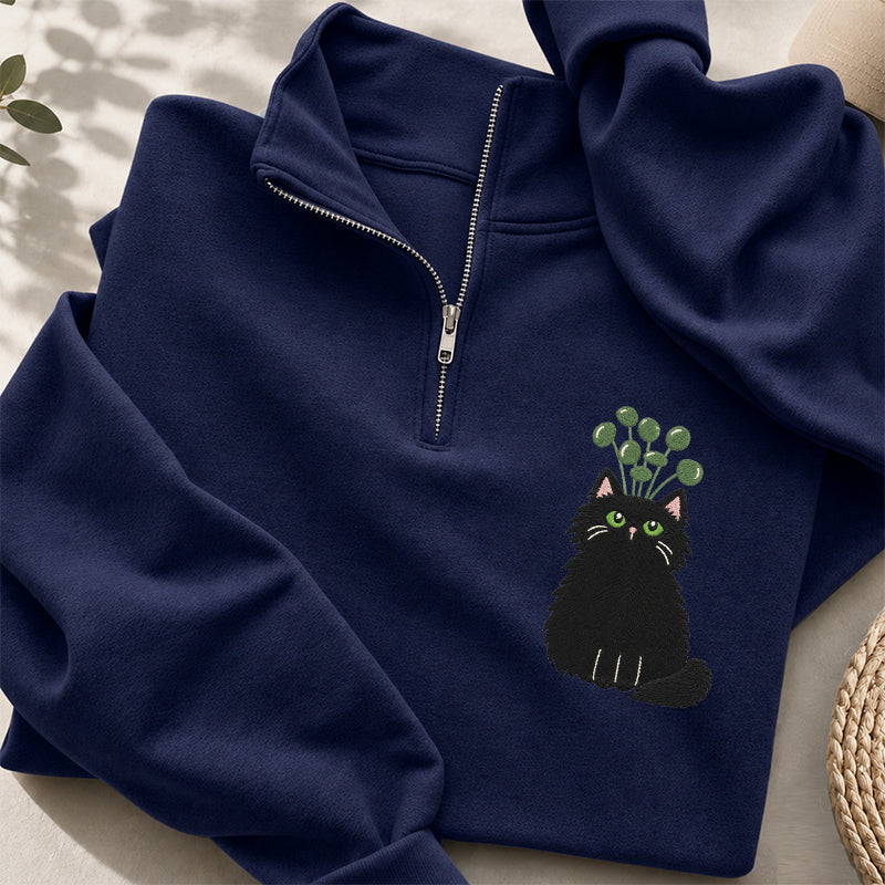 Embroidered Plant Black Cat Classic Quarter Zip Sweatshirt