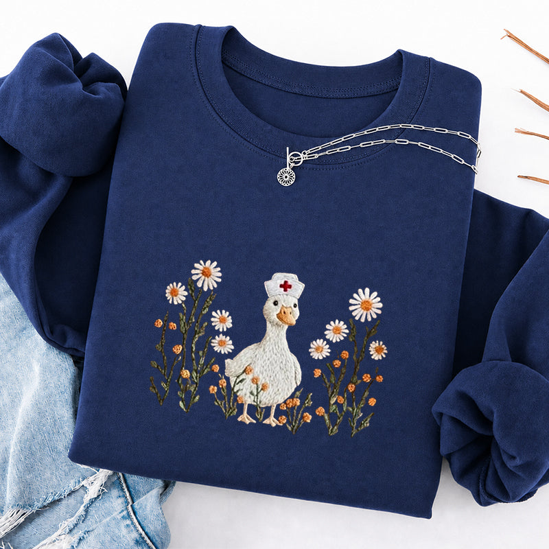 Embroidered Daisy Nurse Goose Classic Crewneck Sweatshirt