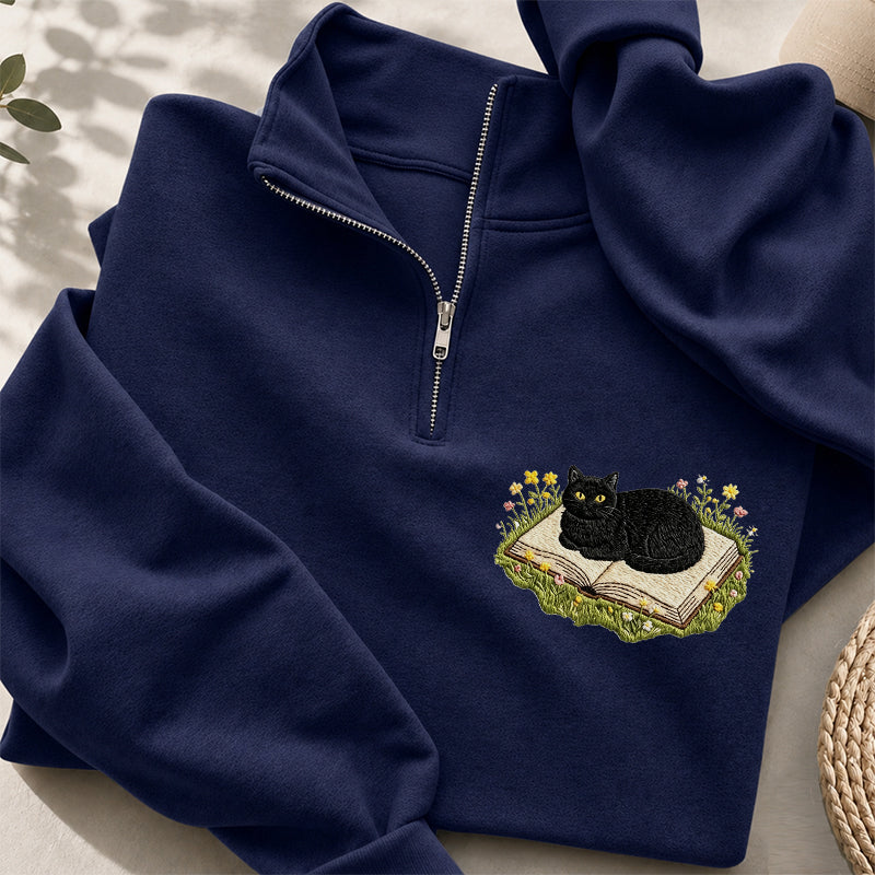 Embroidered Black Cat Book Classic Quarter Zip Sweatshirt