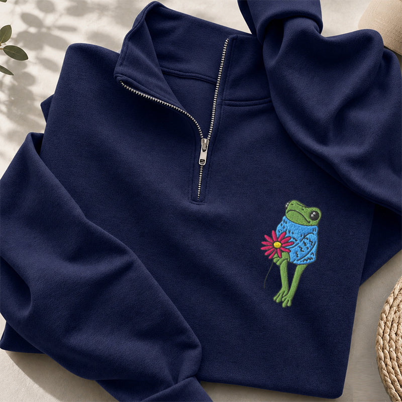 Embroidered Flower Frog Classic Quarter Zip Sweatshirt