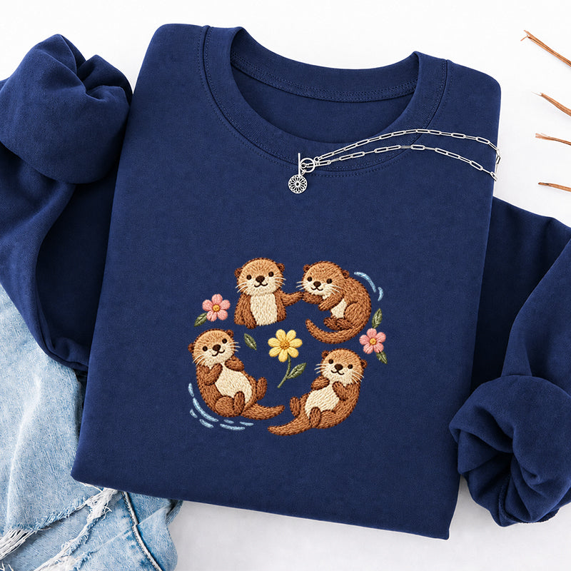 Embroidered Sea Otters And Flowers Classic Crewneck Sweatshirt