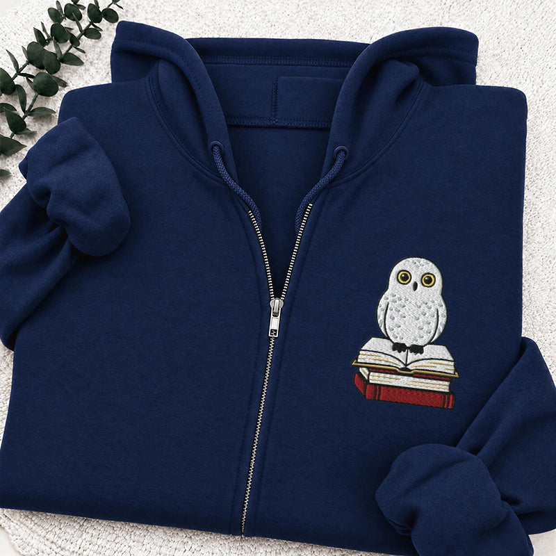 Embroidered Snow Owl On Bookstack Classic Full Zip Hoodie