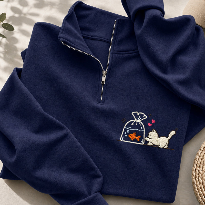 Embroidered Kitten Goldfish Classic Quarter Zip Sweatshirt